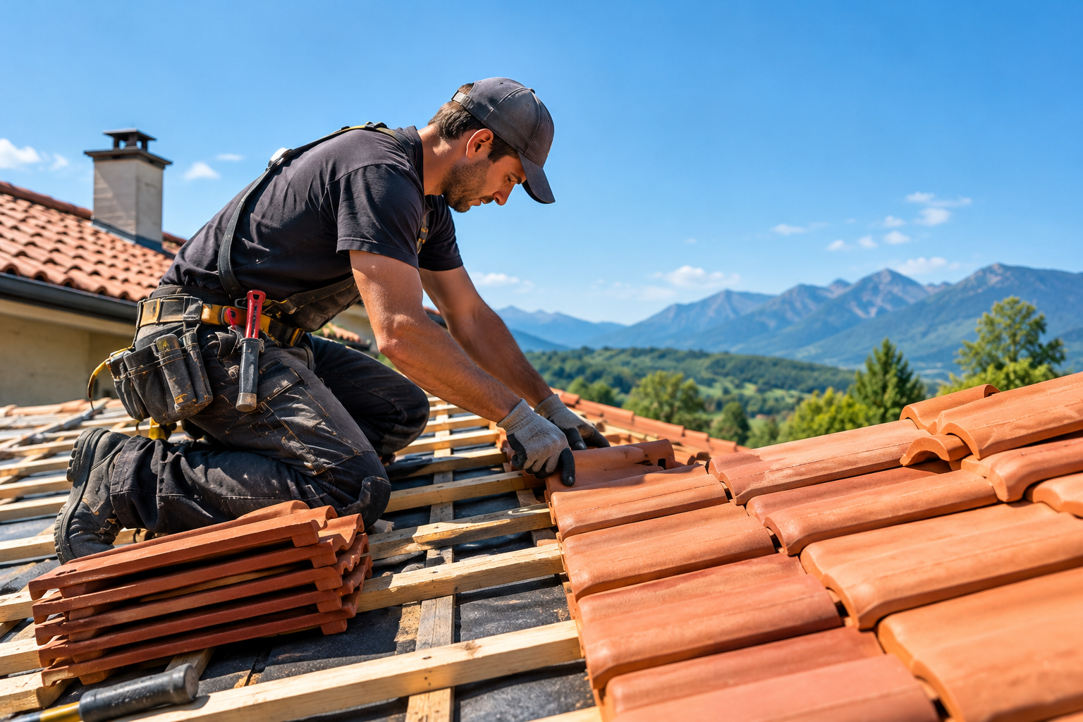 Couvreur Posant Des Tuiles En Terre Cuite
